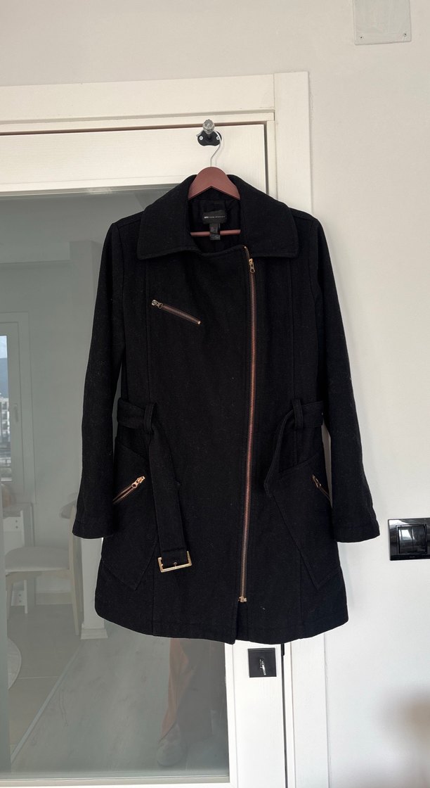 Siyah Fermuarlı Kemerli Kaban - Görsel 3