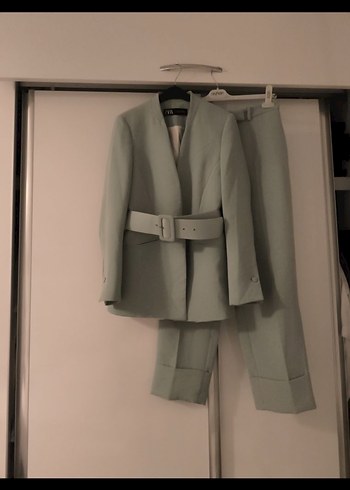 Zara Mint Yesili Kemerli Blazer Ceket Pantolon Takim