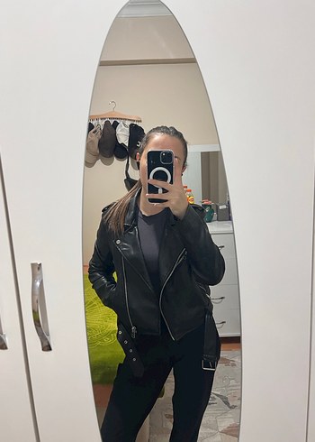 Siyah Deri Biker Ceket, Tokalı, Sıkı Kesim - Görsel 5