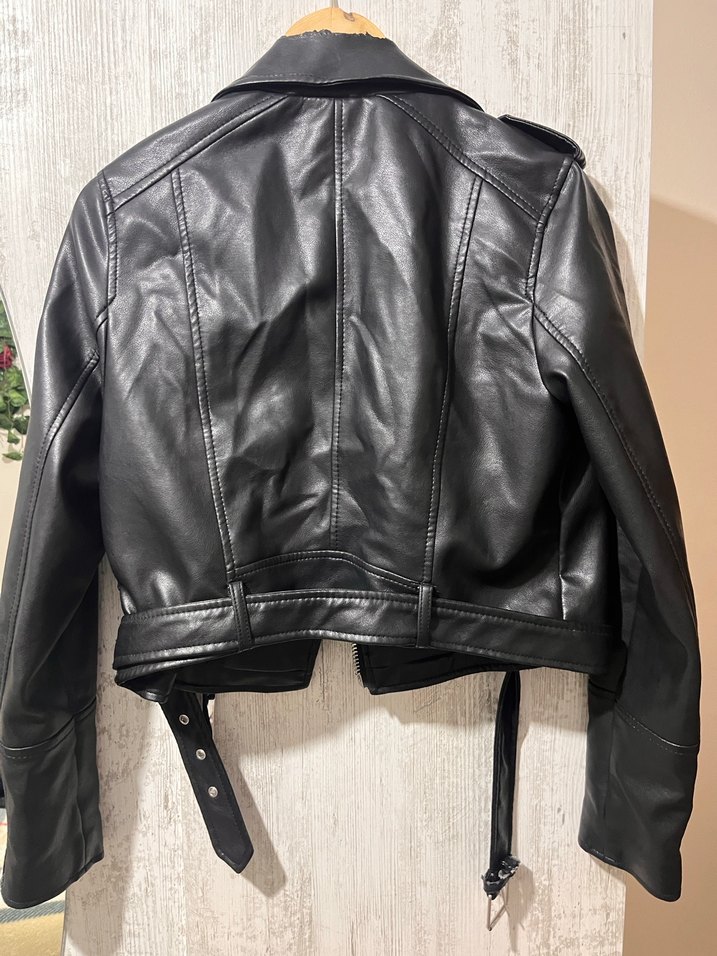 Siyah Deri Biker Ceket, Tokalı, Sıkı Kesim - Görsel 2