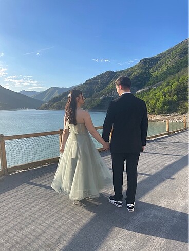 m Beden Su yeşili nişan elbise