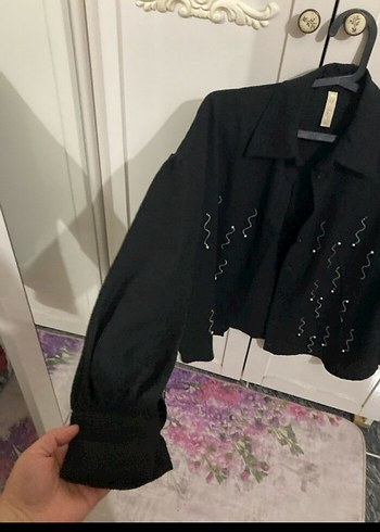 Siyah Keten Kadın Gömlek M/L uyumlu - Görsel 2