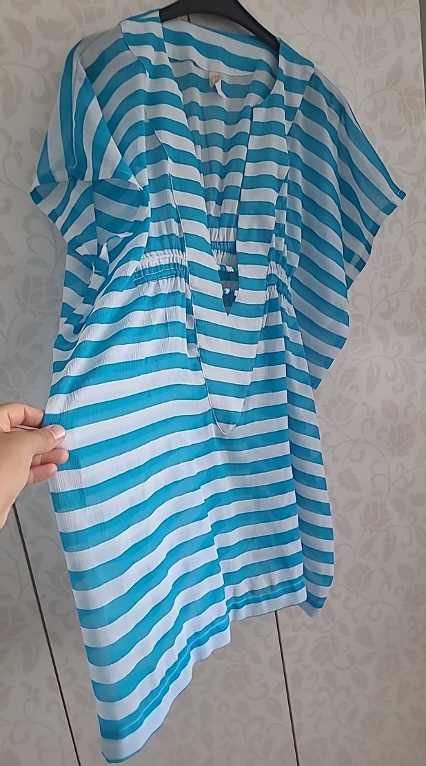 Mavi V Yaka Midi Bohem Pareo - Görsel 4