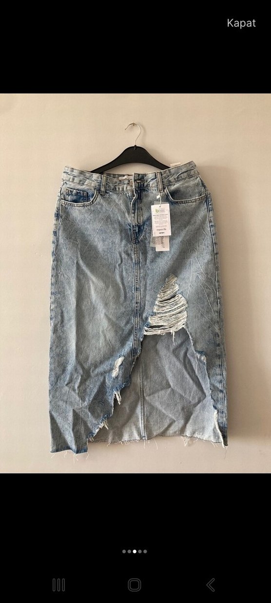 Kadın Gri Yırtık Midi Denim Etek - Görsel 3