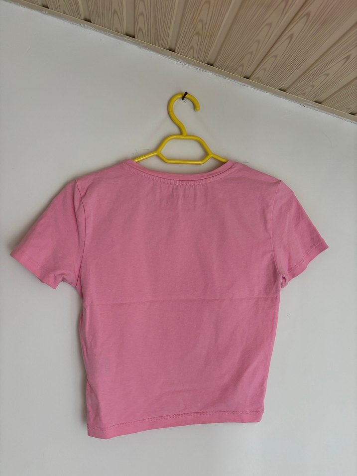 Pembe Kısa Kollu Basic Kadın Tişört - Görsel 2