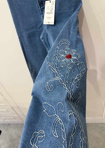 Nakışlı Gri Mavi kız çocuk Denim Pantolon - Görsel 3