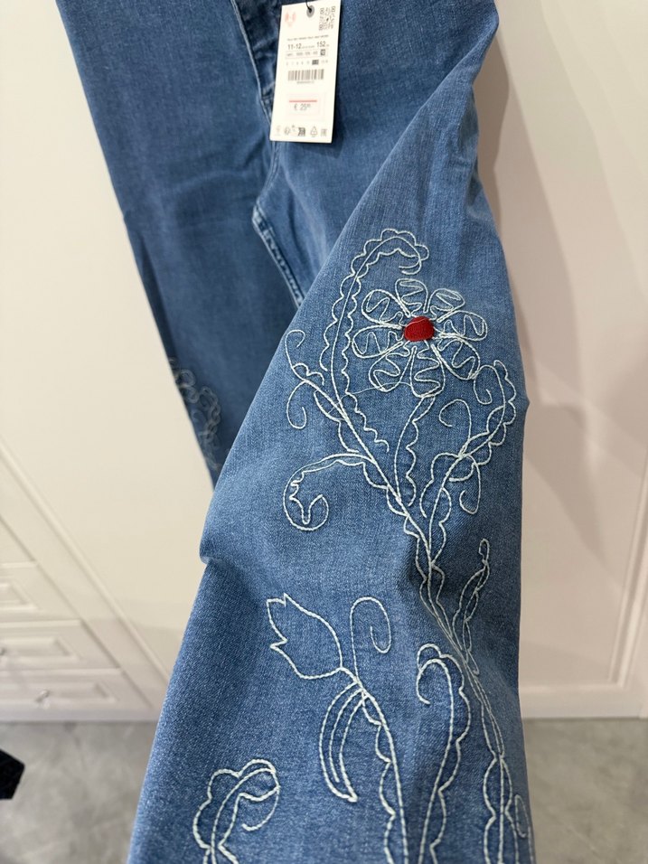 Nakışlı Gri Mavi kız çocuk Denim Pantolon - Görsel 3
