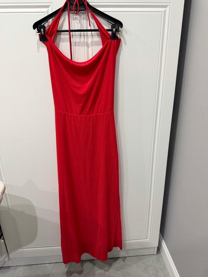 Kırmızı Drapeli Uzun Saten Elbise - Görsel 2