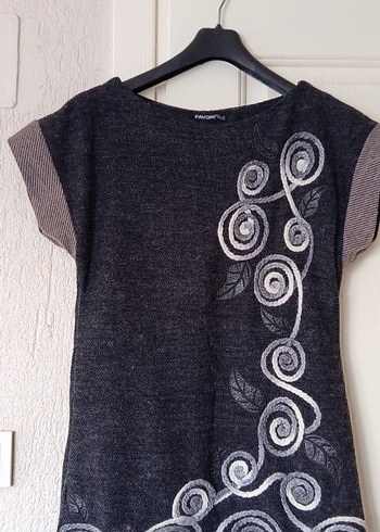 Nakışlı Gri Bohem Örme Tunik Elbise - Görsel 3