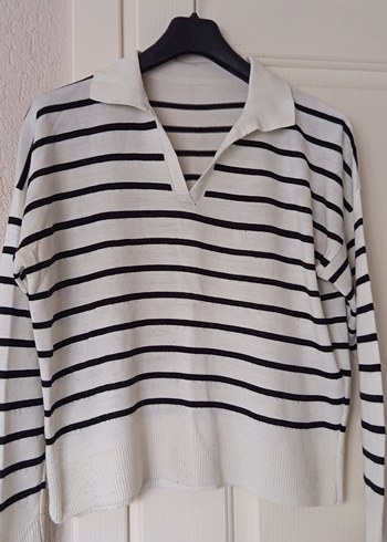 Kadın Gri-Beyaz Çizgili Polo Yaka Kazak - Görsel 2