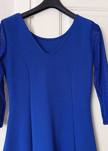 Parlak Mavi V Yaka Midi Kadın Elbise - Görsel 3