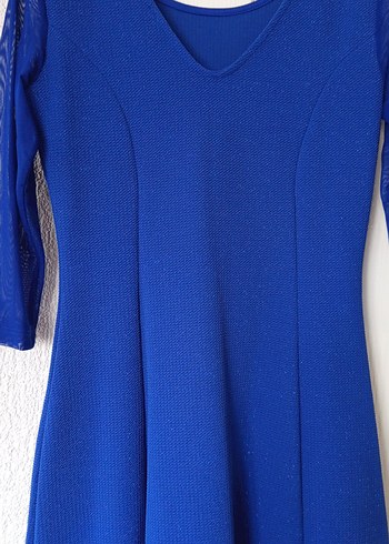 Parlak Mavi V Yaka Midi Kadın Elbise - Görsel 2