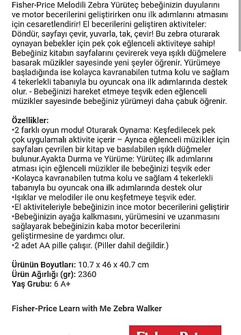  Beden Renk Fisher Price Zebra yurume arkadasi