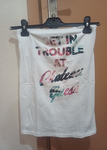 #Zara#H&M#Guess Bayan Straplez Bluz#Beyaz Straplez Baskılı - Görsel 2