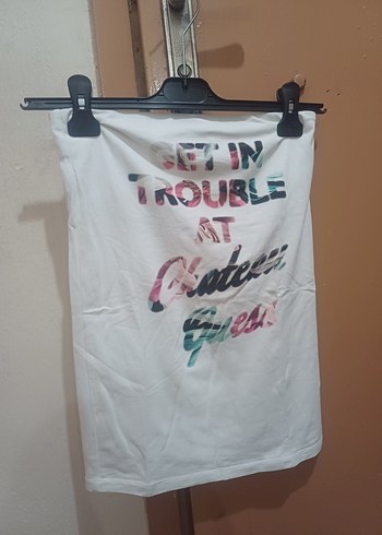 #Zara#H&M#Guess Bayan Straplez Bluz#Beyaz Straplez Baskılı - Görsel 5