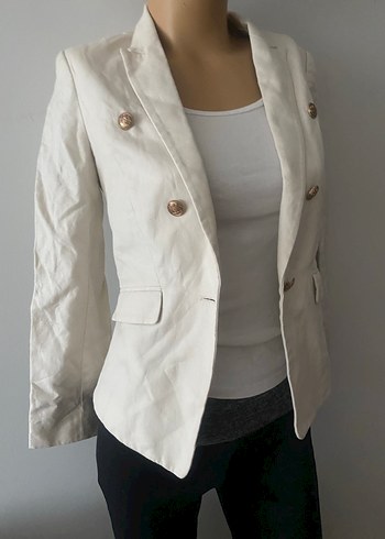 MANGO Düğmeli Beyaz Keten Kadın Blazer Ceket - Görsel 4