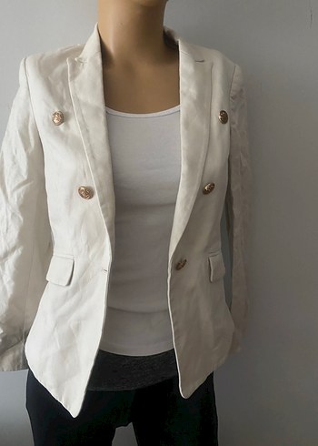 MANGO Düğmeli Beyaz Keten Kadın Blazer Ceket - Görsel 3