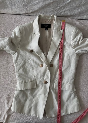 MANGO Düğmeli Beyaz Keten Kadın Blazer Ceket - Görsel 7
