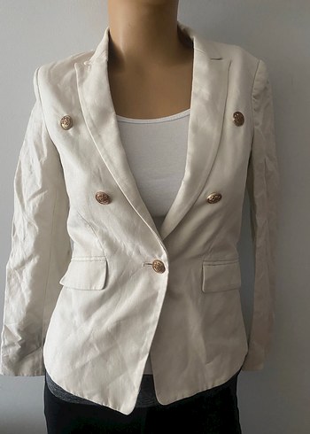 MANGO Düğmeli Beyaz Keten Kadın Blazer Ceket - Görsel 2