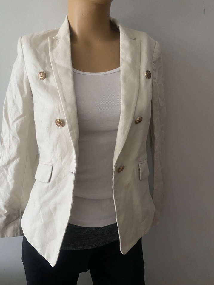 MANGO Düğmeli Beyaz Keten Kadın Blazer Ceket - Görsel 3