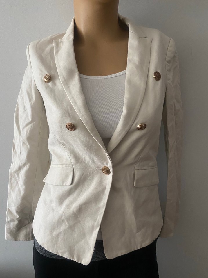 MANGO Düğmeli Beyaz Keten Kadın Blazer Ceket - Görsel 2