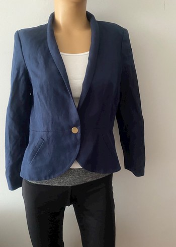 MANGO Düğmeli Lacivert Keten Kadın Blazer Ceket - Görsel 2