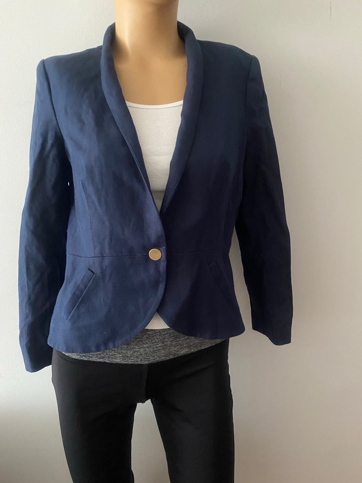 MANGO Düğmeli Lacivert Keten Kadın Blazer Ceket - Görsel 2