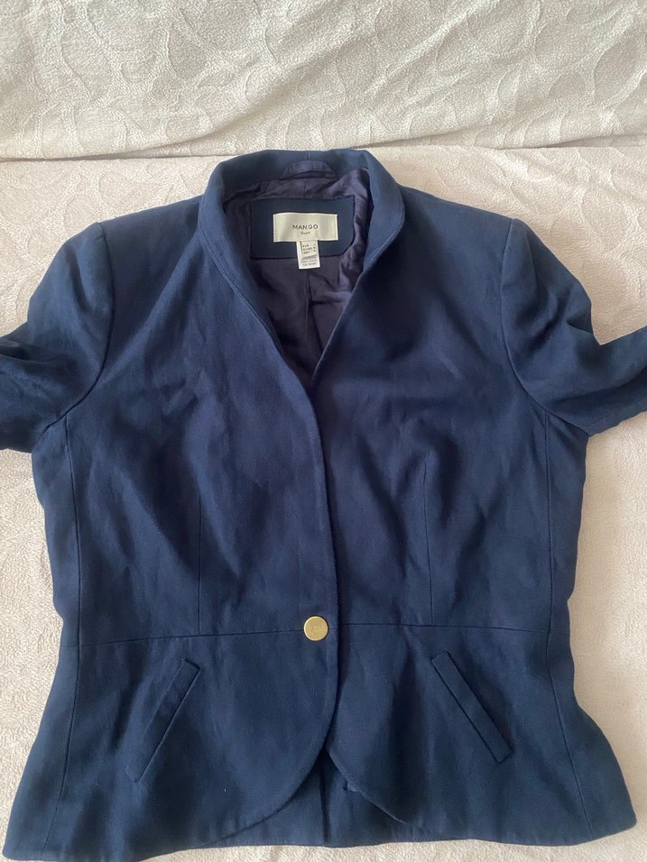 MANGO Düğmeli Lacivert Keten Kadın Blazer Ceket - Görsel 4