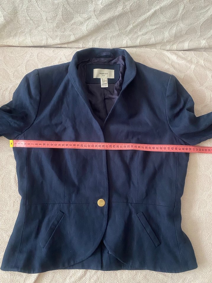 MANGO Düğmeli Lacivert Keten Kadın Blazer Ceket - Görsel 5