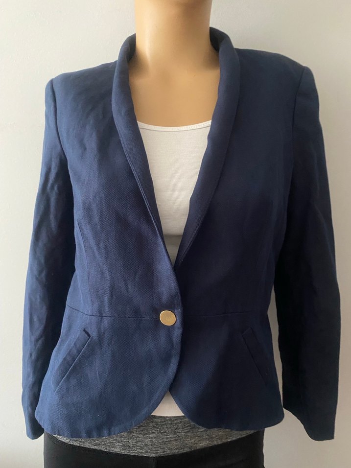 MANGO Düğmeli Lacivert Keten Kadın Blazer Ceket - Görsel 3