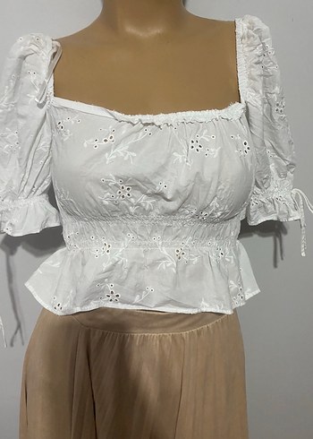 H&M Romantik Beyaz Brode Peplum Bluz