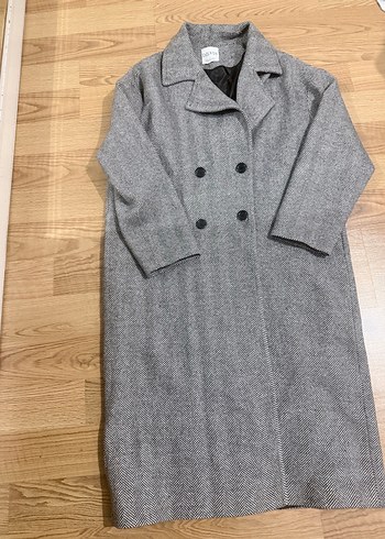 Gri Balıksırtı Desenli Çift Düğmeli Kaban - Görsel 3