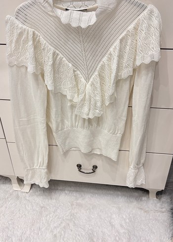 Fırfırlı Beyaz Bohem Kadın Kazak - Görsel 3