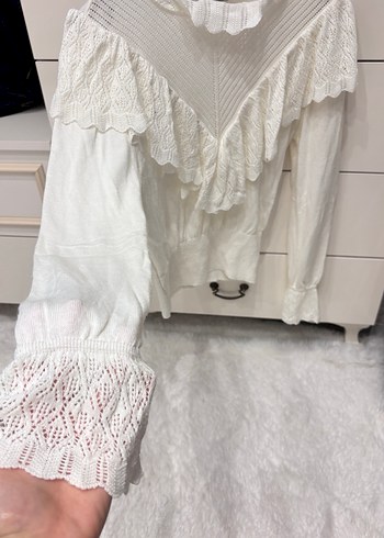 Fırfırlı Beyaz Bohem Kadın Kazak - Görsel 2