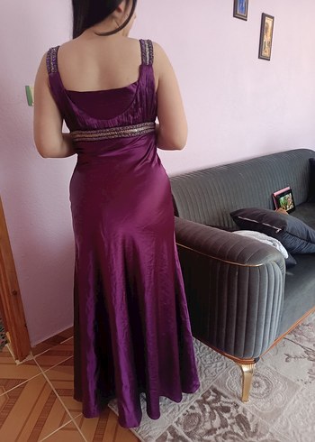40 Beden mor Renk Drapeli V Yaka Mor Midi Abiye Elbise