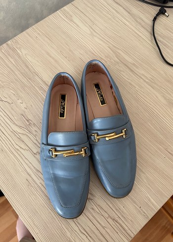 38 Beden Mavi Deri Tokalı Kadın Loafer