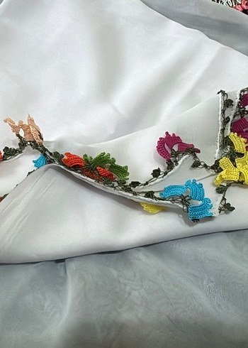 Tığ oyası beyaz yemeni yazma fular - Görsel 3