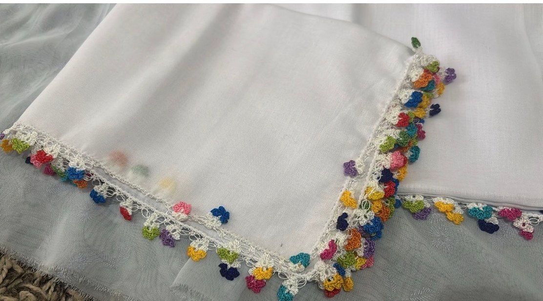 Tığ oyası beyaz yazma yemeni fular - Görsel 2