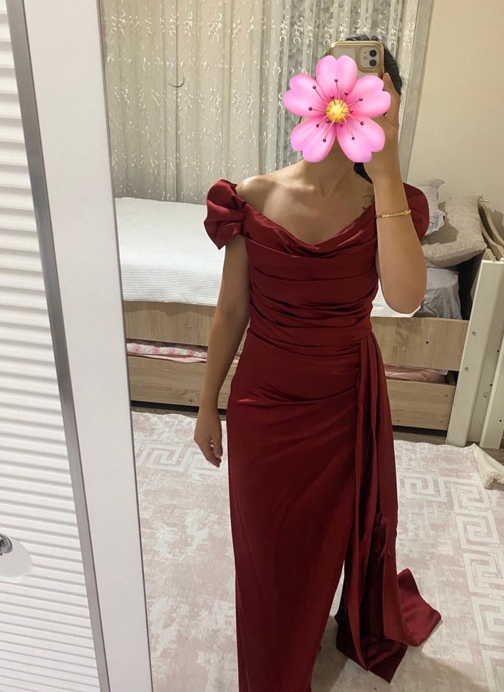 Bordo Drapeli Uzun Abiye Elbise - Görsel 4