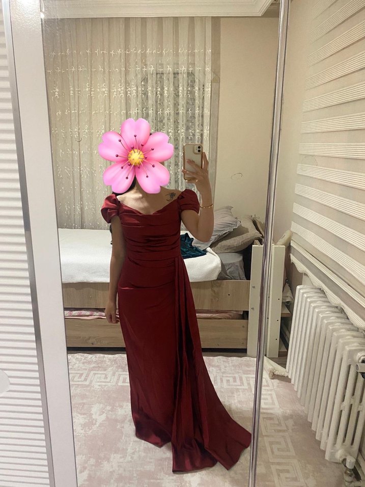 Bordo Drapeli Uzun Abiye Elbise - Görsel 5