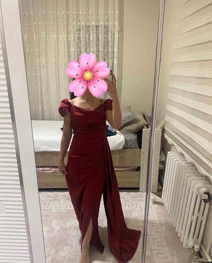 Bordo Drapeli Uzun Abiye Elbise - Görsel 2