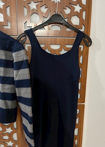 Uzun Lacivert Triko Elbise ve Çizgili Hırka - Görsel 3