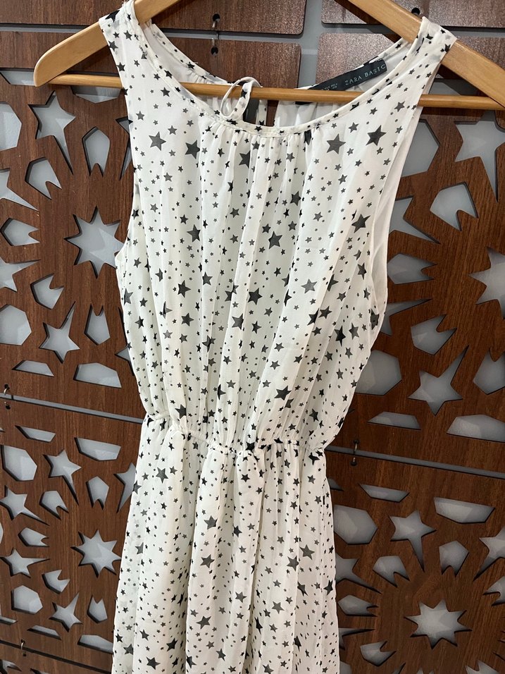 Zara Kemerli Beyaz Yıldız Desenli Uzun Elbise - Görsel 3