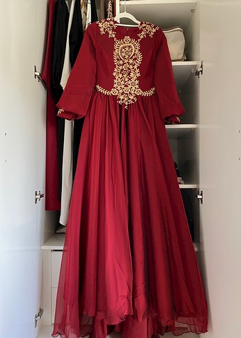 Bordo Nakışlı Uzun Kollu Abiye Elbise