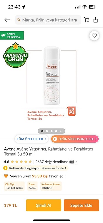 Beden Avene yüz termal spreyi