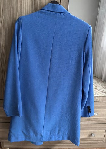 Diğer Mavi Keten Düğmeli Kadın Blazer Ceket