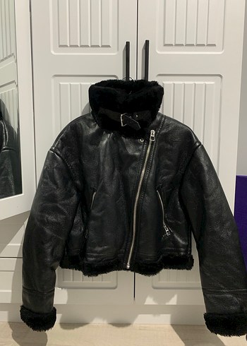 Kürklü Siyah Biker Deri Ceket