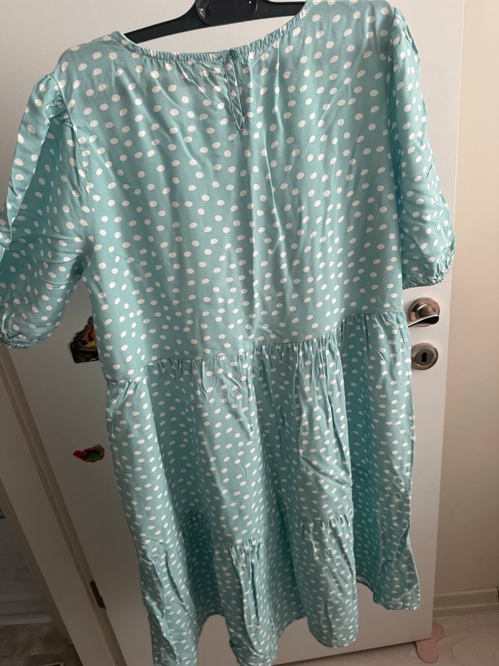 Turkuaz Puantiyeli kısa kollu hamile elbisesi - Görsel 3