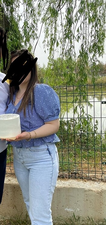 m Beden mavi Renk Koton crop balon kol bluz