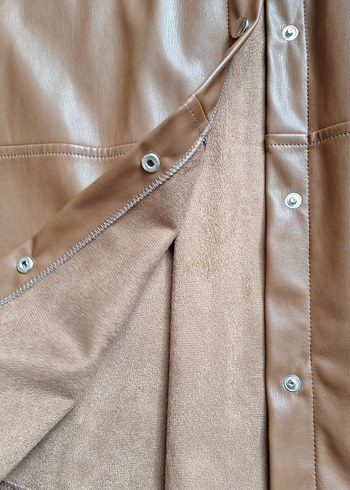 Bej Kadın Deri Düğmeli Uzun Ceket - Görsel 5